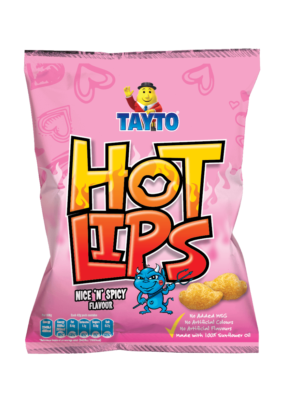 Tayto Hot Lips Nice 'N' Spicy Flavour Crisps 42g (BB 02/10/2024)